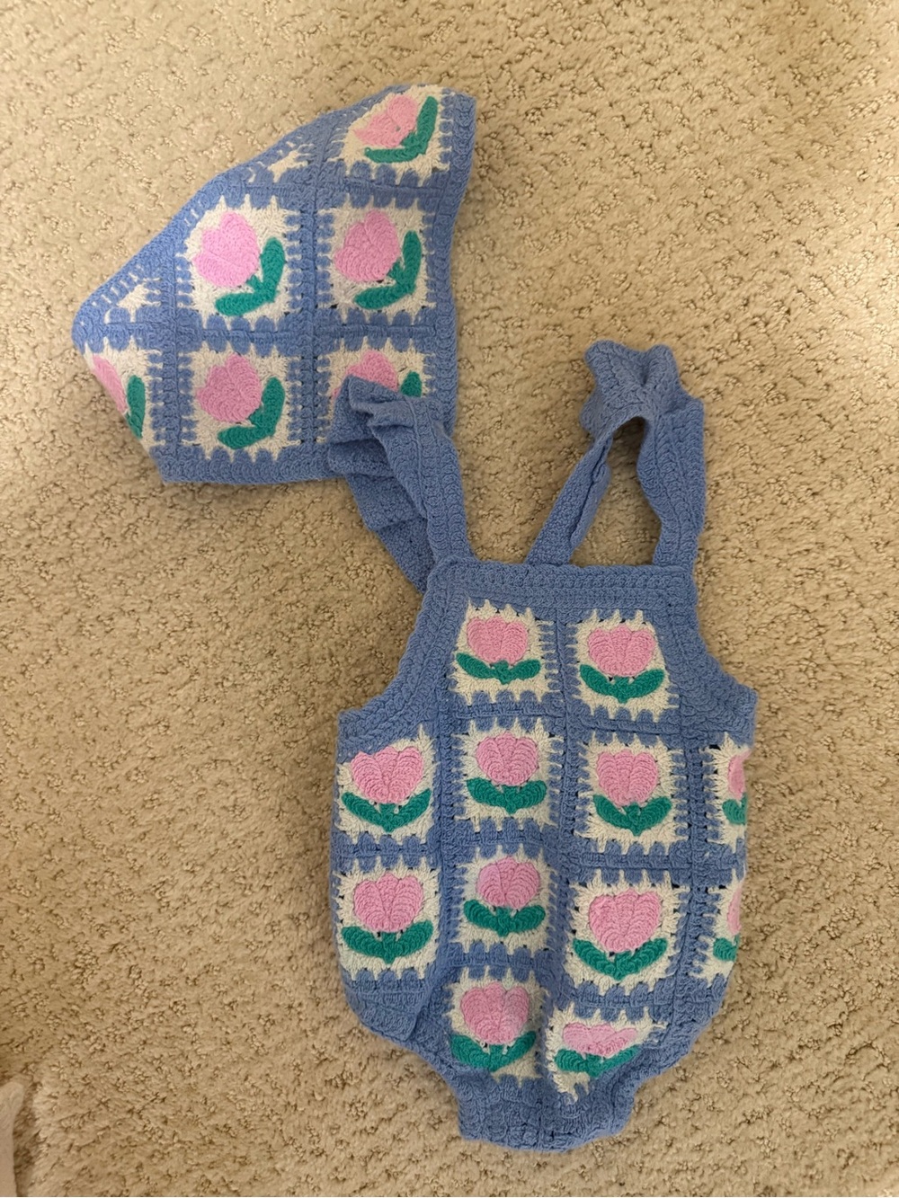 Handmade Blue Floral Knit Baby Romper with Matching Bonnet